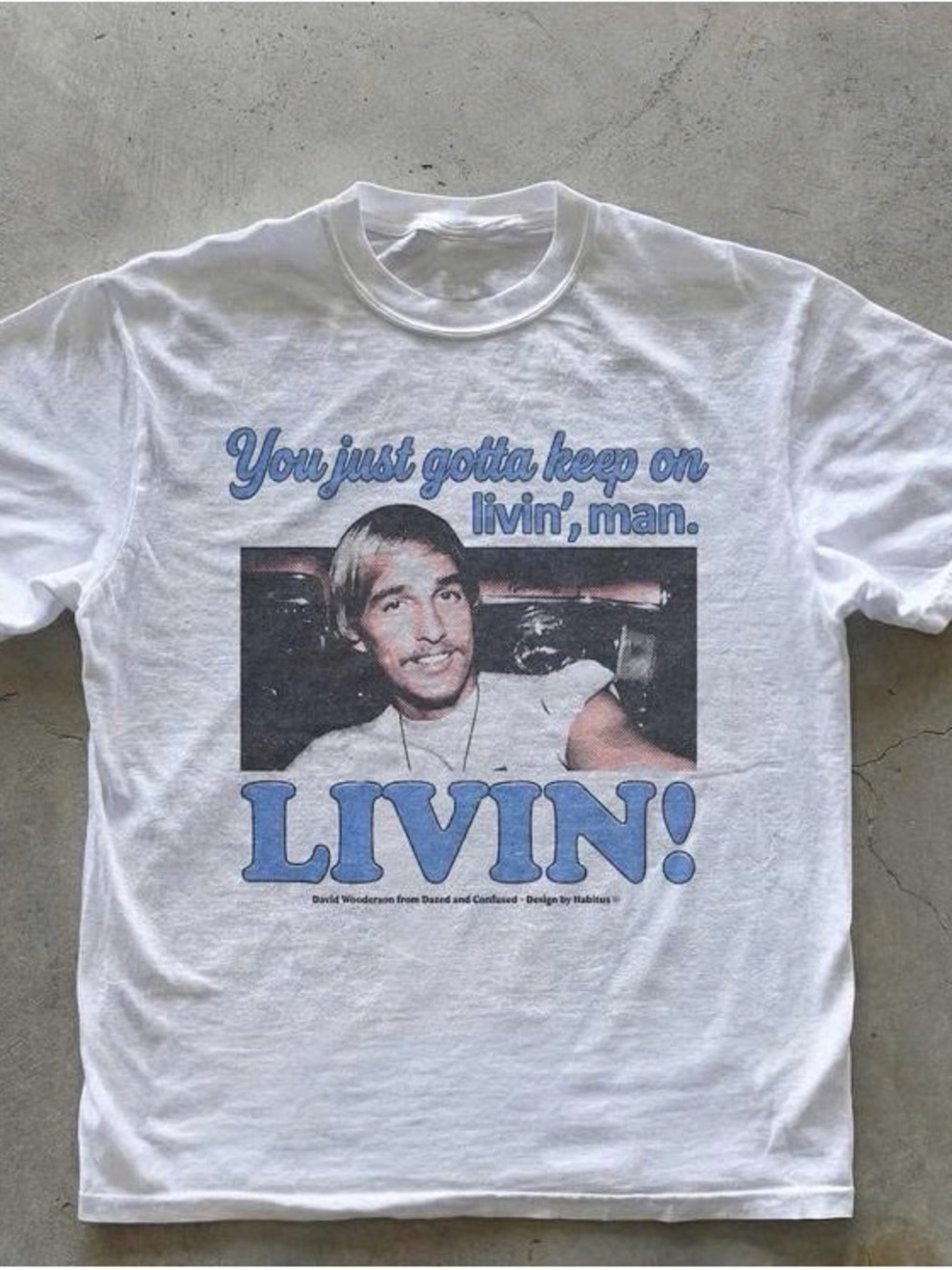 White Short-Sleeve 'LIVIN!' Graphic Tee with Blue Print